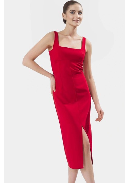 Zarif Midi Boy Kolsuz Dokuma Elbise Vücudu Saran 88% Polyester Yazlık Modern Stil Konforlu Kesim