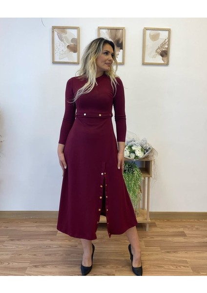 Kadın Uzun Kollu Çıtçıtlı Viskon Krop Bluz ve Yırtmaçlı Etek Istenildiğinde Elbise Olan Ikili Takım