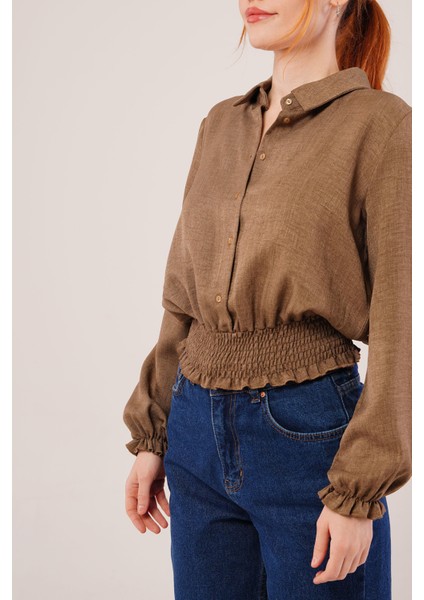 Bel ve Bilek Lastikli Kahverengi Bluz