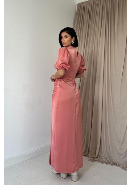 Pudra Büzgülü Saten Elbise