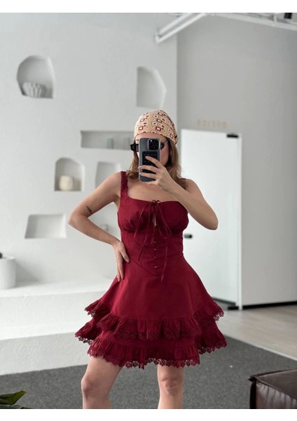 Fırfırlı Askılı Mini Elbise - Bordo