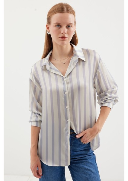 3964 Hafif Dökümlü Saten Gömlek - F.gri