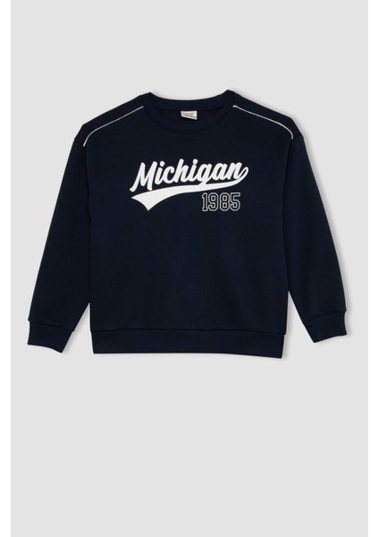 Erkek Çocuk Lacivert Oversize Geniş Kalıp Bisiklet Yaka Baskılı Sweatshirt C9809A824WN
