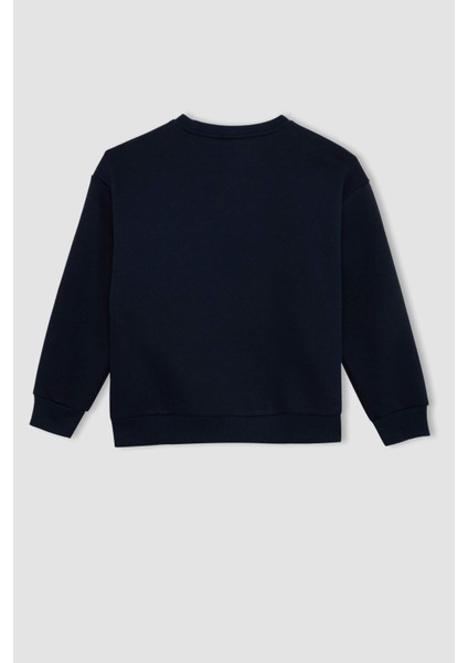 Erkek Çocuk Lacivert Oversize Geniş Kalıp Bisiklet Yaka Baskılı Sweatshirt C9809A824WN