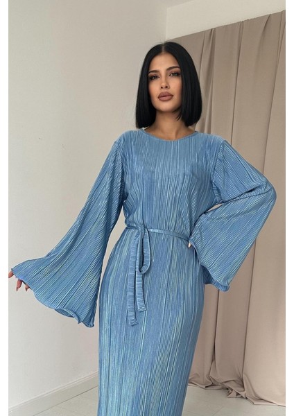 Mavi Ispanyol Kol Piliseli Elbise