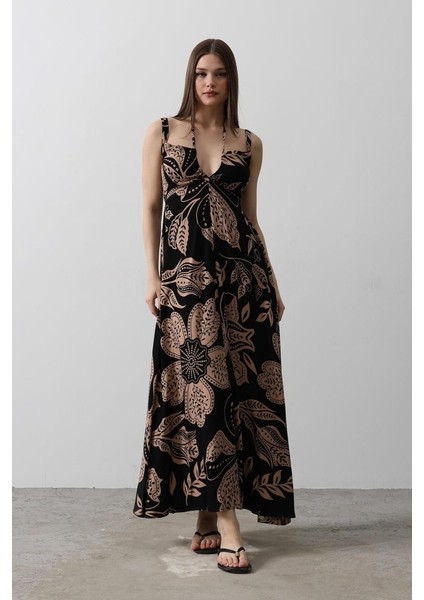 Askılı Viscon Elbise - Siyah