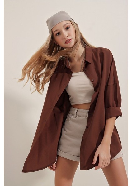 3900 Oversize Uzun Basic Gömlek - Kahverengi indirimleri