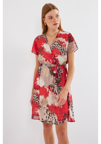 2502 Kısa Kol Desenli Şifon Elbise - Kırmızı