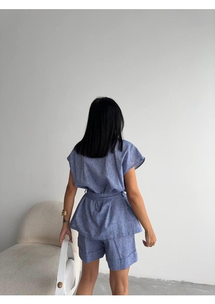 Keten Bağlamalı Kolsuz Gömlek - Duble Paça Şort Takım - Lacivert fırsatları