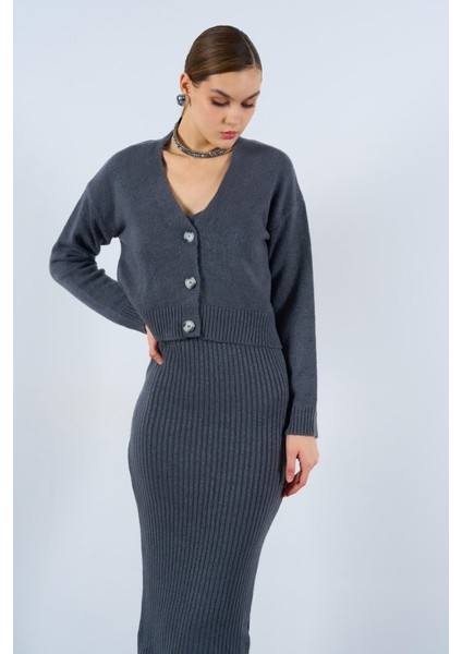 Fitilli Elbise Hırkalı Takım - Füme