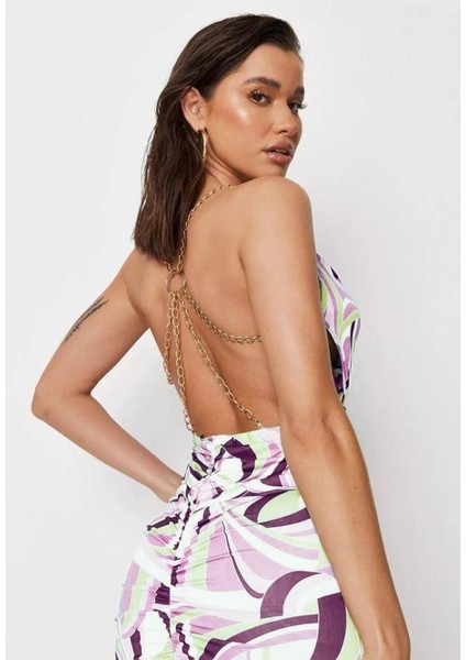 Kadın Zincir Detay Sırt Dekolteli Büzgü Detay Fırsat Ürün Mini Elbise