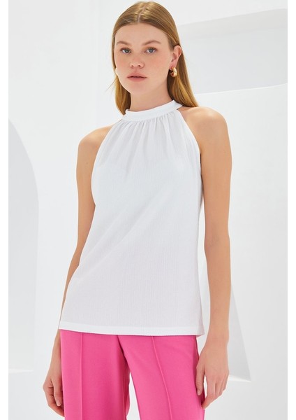 0489 Halter Yaka Örme Bluz - Beyaz modelleri