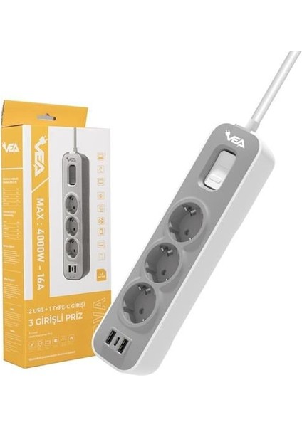 VE-NOVA103U A Class 3'lü 2 Usb'li Anahtarlı 1.5 Metre Akım Korumalı Priz fırsatları