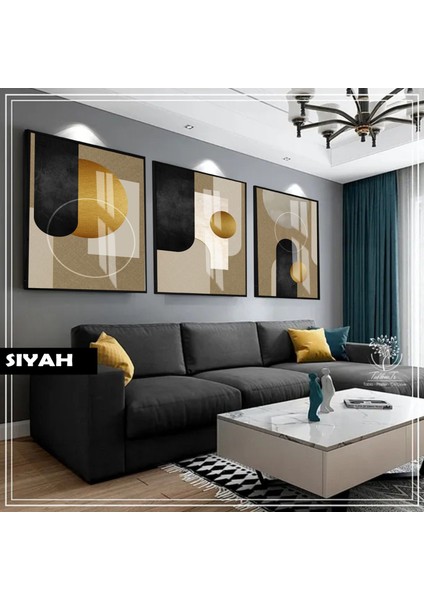 |siyah&gold Set Geometrik Bohem Kombini|çerçeveli Cam Tablo 3lü Dikey