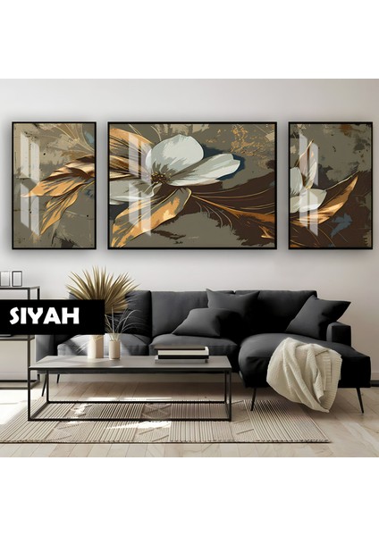 |siyah&gold Set Çiçek Kombini (Artıstıc)|çerçeveli Temperli Cam Tablo 3lü Yatay