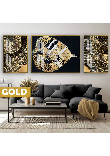 |siyah&gold Set Etnik Desenli Yaprak Modeli|çerçeveli Temperli Cam Tablo 3lü Yatay