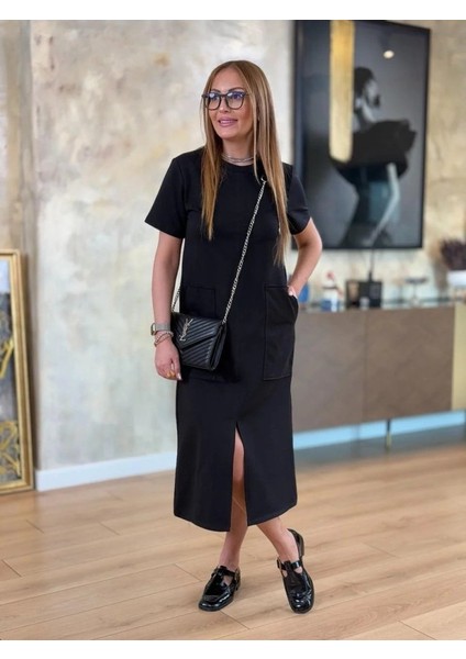 Kadın Kısa Kollu Bisiklet Yakalı Cepli Önden Yırtmaçlı Viskon Iki Iplik Midi Elbise