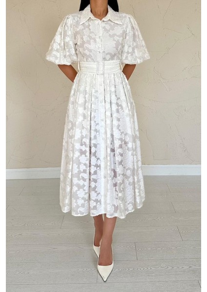 Ekru Kemerli Balon Kollu Elbise fırsatları