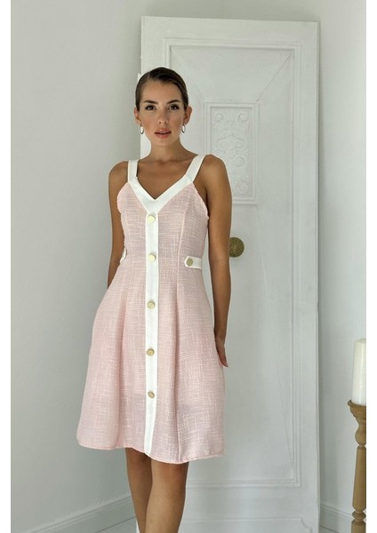 Pudra Ekru Süs Cepli Askılı Elbise fiyatları