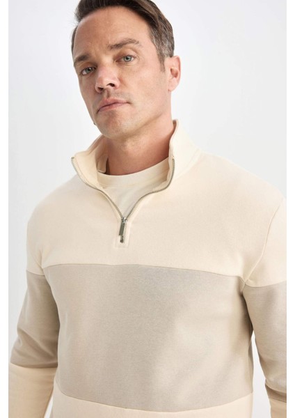 Comfort Regular Fit Rahat Kalıp Dik Yaka Fermuarlı Çizgili Kalın Sweatshirt D2401AX24AU