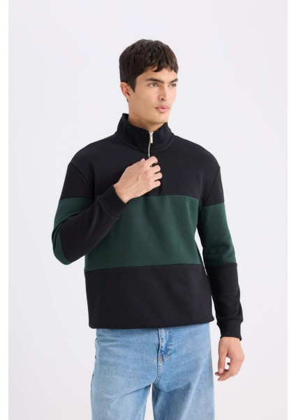 Comfort Regular Fit Rahat Kalıp Dik Yaka Fermuarlı Çizgili Kalın Sweatshirt D2401AX24AU