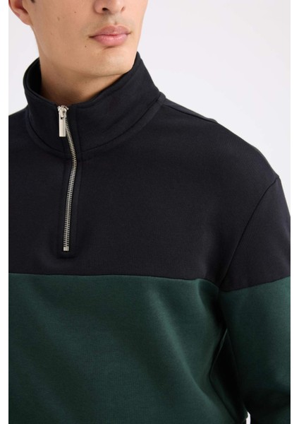 Comfort Regular Fit Rahat Kalıp Dik Yaka Fermuarlı Çizgili Kalın Sweatshirt D2401AX24AU