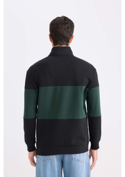 Comfort Regular Fit Rahat Kalıp Dik Yaka Fermuarlı Çizgili Kalın Sweatshirt D2401AX24AU