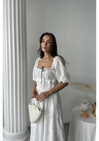 Beyaz Dantel Detaylı Brode Elbise fırsatları