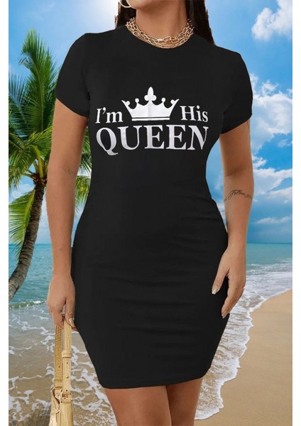 Kadın Kısa Kollu Queen Baskı Iki Iplik Mini Elbise
