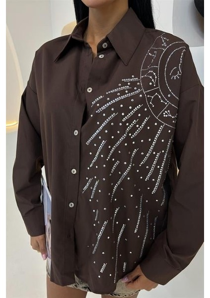 Ay Figürlü Taş Işlemeli Poplin Gömlek 3440 modelleri