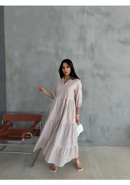 Çizgili Keten Hakim Yaka Düğmeli Salaş Elbise - Kahverengi