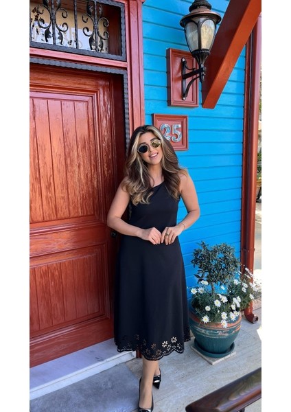 Kadın Kolsuz Etek Ucu Lazer Kesim Çiçek Desenli Midi Boy Janjan Krep Elbise indirimleri