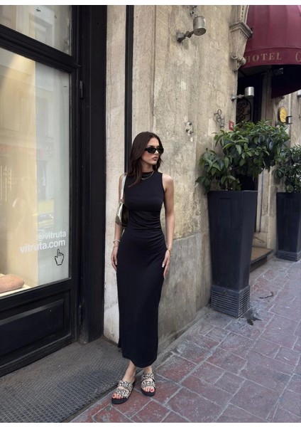 Osy Modal Yumuşak Dokulu Kumaş Bisiklet Yaka Sıfır Kolsuz Yırtmaçlı Uzun Elbise - Siyah fiyatları