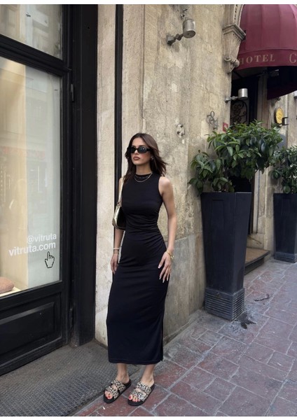 Osy Modal Yumuşak Dokulu Kumaş Bisiklet Yaka Sıfır Kolsuz Yırtmaçlı Uzun Elbise - Siyah fırsatları