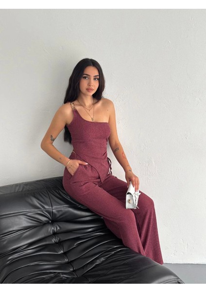 Asimetrik Crop Pantalon Ikili Takım - Gül Kurusu