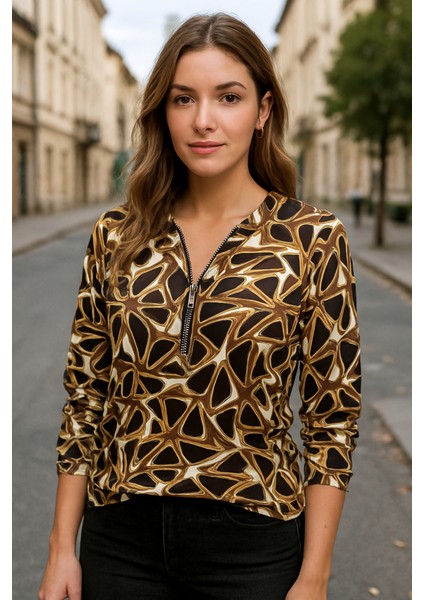 Kadın Uzun Kollu Yuvarlak Yaka Fermuarlı Desenli Şardonlu Bluz