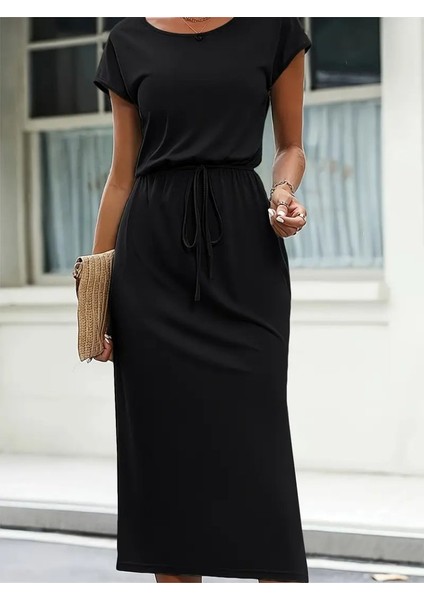 Kadın Kısa Kollu Yakası Açık Belden Kuşaklı Yandan Yırtmaçlı Midi Viskon Elbise fiyatları