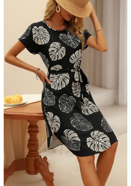 Kadın Kısa Kollu Bisiklet Yaka Desenli Kuşaklı Örme Krep Midi Elbise modelleri