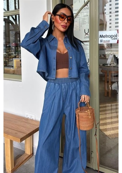 Denim Gömlek Plazzo Pantolon Takım 10163-08