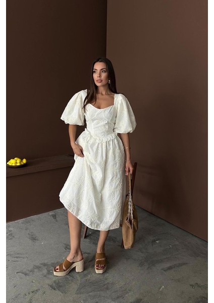 Ekru Balon Kollu Dantelli Brode Elbise modelleri