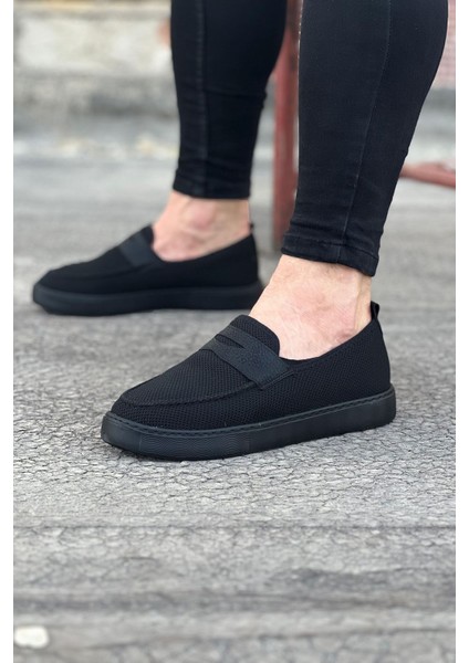 J061 Bağcıksız Ortopedik Taban Triko Cilt Erkek Klasik Günlük Ayakkabı St Siyah