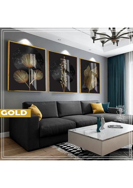 |siyah&gold Set Bitkiler Kombini |çerçeveli Cam Tablo 3lü Dikey