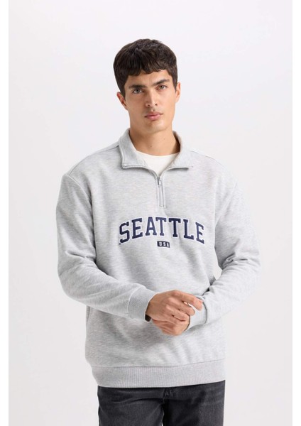Relax Fit Fermuarlı Dik Yaka Baskılı Kalın Sweatshirt D2168AX24AU
