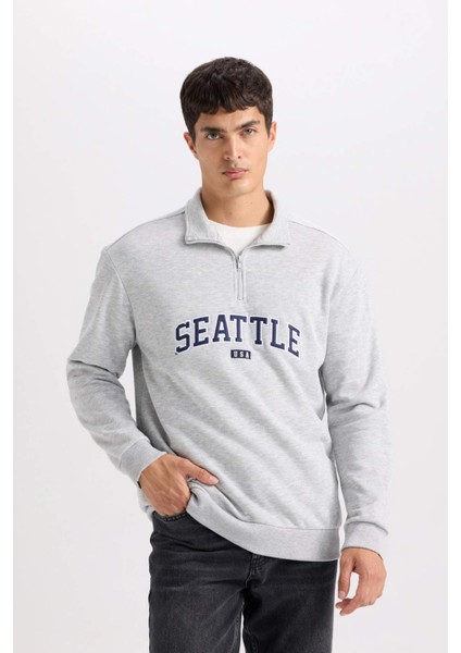 Relax Fit Fermuarlı Dik Yaka Baskılı Kalın Sweatshirt D2168AX24AU