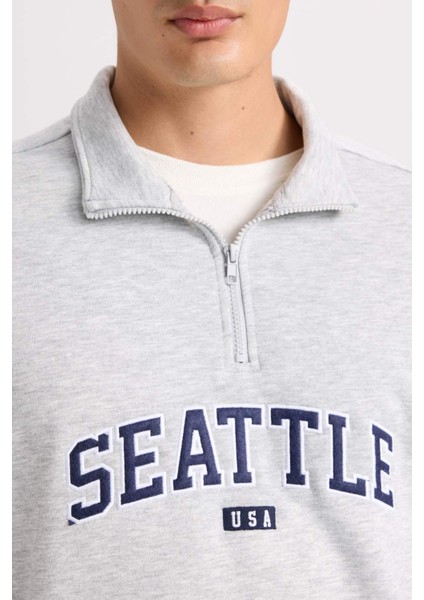 Relax Fit Fermuarlı Dik Yaka Baskılı Kalın Sweatshirt D2168AX24AU