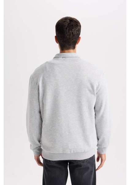 Relax Fit Fermuarlı Dik Yaka Baskılı Kalın Sweatshirt D2168AX24AU