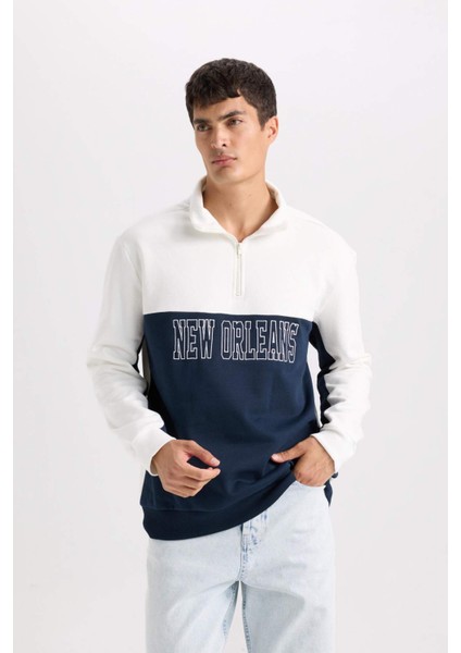 Relax Fit Dik Yaka Yarım Fermuarlı Baskılı Kalın Sweatshirt D2169AX24AU