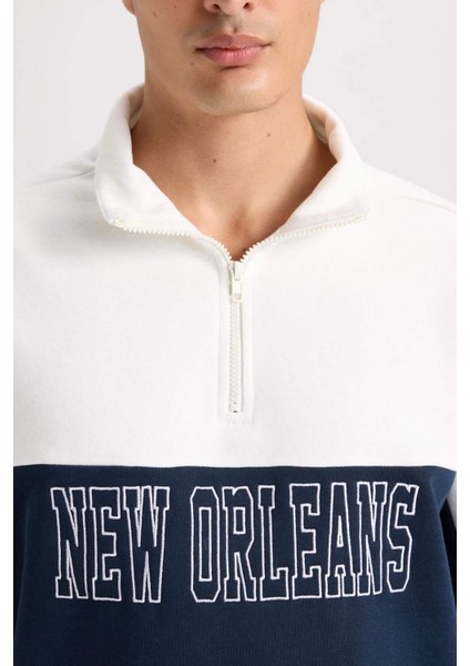 Relax Fit Dik Yaka Yarım Fermuarlı Baskılı Kalın Sweatshirt D2169AX24AU