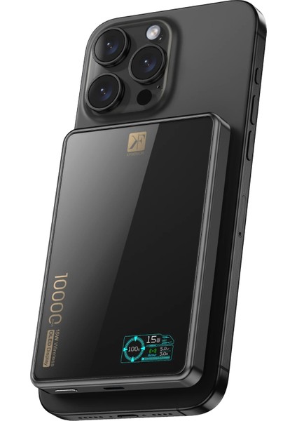 PW598 10.000 Mah Dijital Göstergeli 20W Type-C ve 15W Kablosuz Şarj Pd Hızlı Şarj Magsafe Powerbank - Siyah Nrmsa