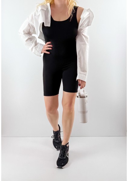 Siyah Kalın Askılı Şort Tulum